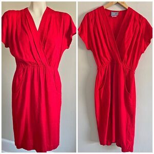Vintage Carol Anderson Red Wrap Dress Petite 4 Textured Rayon Pockets